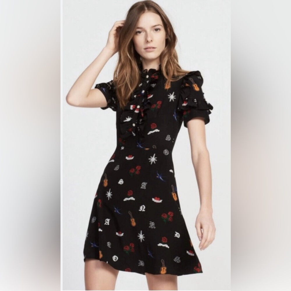 Sandro black silk dress with roses and guitars size 1